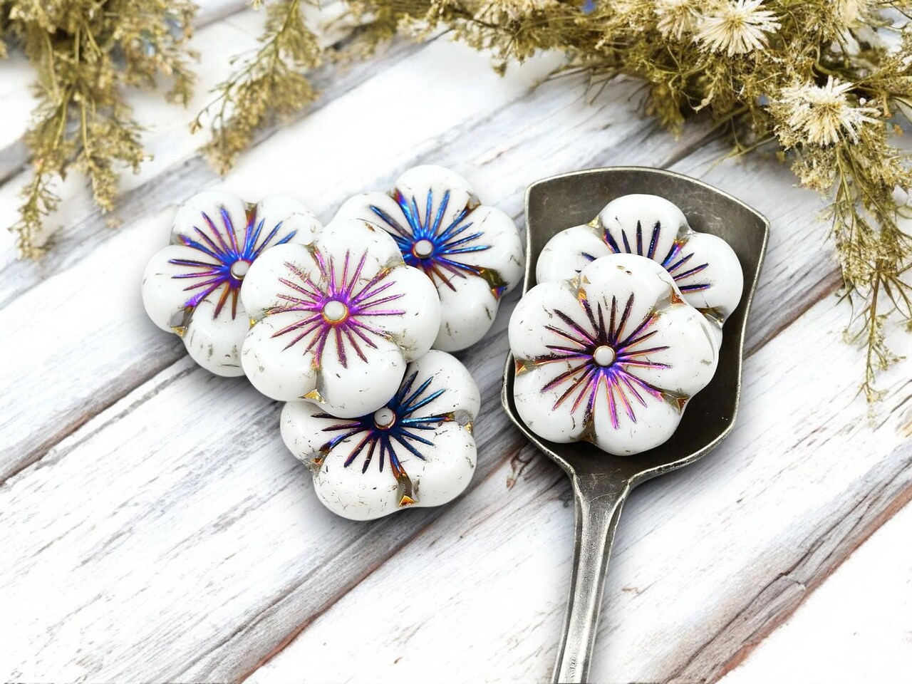 *2* 21mm Metallic Volcano Washed Opaque White Hawaiian Flower Beads